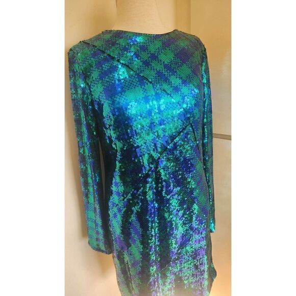 SHO Green and Blue Plaid Sequin Sheath Dress, Long Sleeve, NWT, XL - Picture 2 of 12